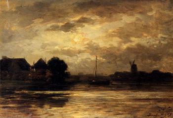 Philippe Lodowyck Jacob Sadee : View Of The Spaarne Haarlem By Moonlight